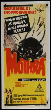 7a373 MOTHRA linen Aust daybill '62 Mosura, Toho, Ishiro Honda, monster hunts human mates!