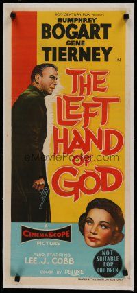 7a370 LEFT HAND OF GOD linen Aust daybill '55 art of priest Humphrey Bogart holding gun + Tierney!