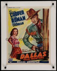 7a404 DALLAS linen Belgian '50 Wik artwork of cowboy Gary Cooper, Ruth Roman, Texas!