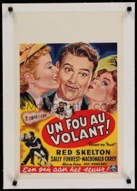 7a408 EXCUSE MY DUST linen Belgian '51 art of Red Skelton being kissed by two pretty girls!