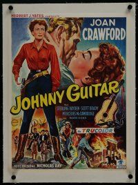 7a424 JOHNNY GUITAR linen Belgian '54 artwork of Joan Crawford reaching for gun, Nicholas Ray