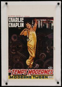 7a493 MODERN TIMES linen REPRO Belgian '90s great art of Charlie Chaplin with gears in background!