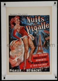7a440 NUITS DE PIGALLE linen Belgian '59 cool artwork of sexy showgirl by Eiffel Tower in Paris!