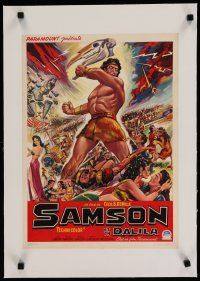 7a461 SAMSON & DELILAH linen Belgian 1951 artwork of powerful Victor Mature, Cecil B. DeMille!