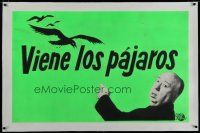 7a038 BIRDS linen Spanish/U.S. teaser 1sh '63 great image of Alfred Hitchcock saying they're coming!