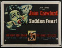 7a151 SUDDEN FEAR linen British quad '52 different close up of terrified Joan Crawford!