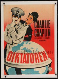 7a099 GREAT DICTATOR linen Danish '47 great different art of Charlie Chaplin, wacky WWII comedy!