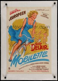 7a016 MOBILETTE linen French stage play poster '52 art of sexy blonde Suzy Delair riding moped!