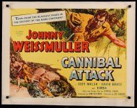 7a052 CANNIBAL ATTACK linen 1/2sh '54 cool art of Johnny Weissmuller w/knife, fighting alligators!