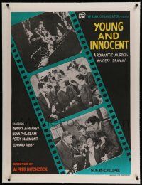 7a089 YOUNG & INNOCENT linen Indian R60s Alfred Hitchcock, romantic murder mystery, film strip art!