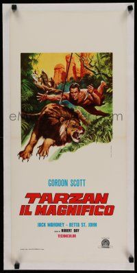 7a337 TARZAN THE MAGNIFICENT linen Italian locandina R70s art of Gordon Scott attacking lion!