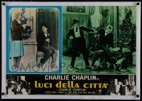 7a295 CITY LIGHTS linen Italian photobusta R70s Charlie Chaplin with flower girl & knocked down!