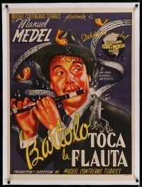 7a104 EL BURRO QUE TOCO LA FLAUTA linen Mexican poster '45 great art of Bartolo playing the flute!