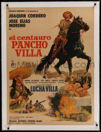7a105 EL CENTAURO PANCHO VILLA linen Mexican poster '67 art of Jose Elias Moreno on horseback!