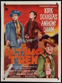 7a107 LAST TRAIN FROM GUN HILL linen Mexican poster '59 different Mendoza art of Douglas & Quinn!