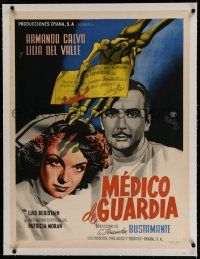 7a108 MEDICO DE GUARDIA linen Mexican poster '50 Renau art of skeleton hand holding bloody check!