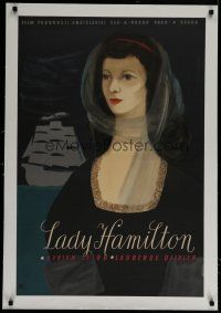 7a092 THAT HAMILTON WOMAN linen Polish 23x33 '57 Wenzel art of pretty Vivien Leigh & sailing ship!
