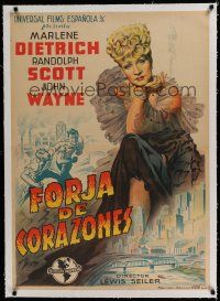 7a250 PITTSBURGH linen Spanish '46 different art of sexy smoking Marlene Dietrich over city!