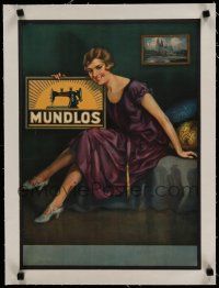 7a035 MUNDLOS linen 15x21 advertising poster '20s Bohm art of pretty woman selling sewing machine!