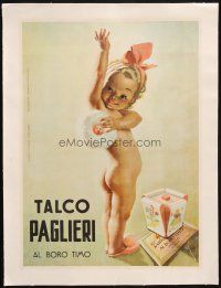 7a022 TALCO PAGLIERI linen 14x19 Italian advertising poster '50 Boccasille art of baby with powder!