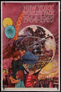 7a005 NEW YORK WORLD'S FAIR linen travel poster '61 cool Bob Peak art of family & Unisphere!
