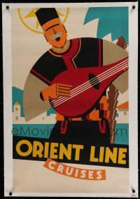 7a008 ORIENT LINE CRUISES linen travel poster '30 Frank Newbould art of man playing lute!
