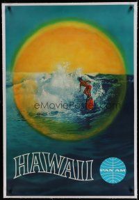 7a007 PAN AM HAWAII linen travel poster '60s incredible image of surfer riding wave in the sun!