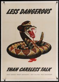 7a004 LESS DANGEROUS THAN CARELESS TALK linen 29x40 WWII war poster '44 cool Dorne rattlesnake art!