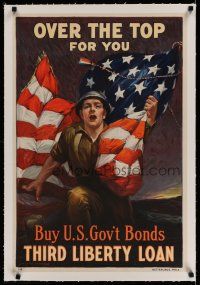 7a003 OVER THE TOP FOR YOU linen 20x30 WWI war poster '18 patriotic art by Sidney H. Riesenberg!