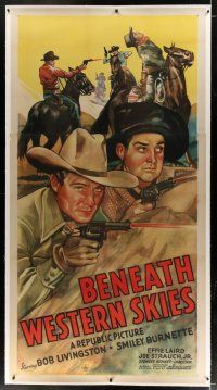 7b207 BENEATH WESTERN SKIES linen 3sh '44 art of Bob Livingston & Smiley Burnette in gunfight!