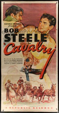 7b211 CAVALRY linen 3sh '36 cool artwork of cowboy Bob Steele wrestling gun from bad guy!