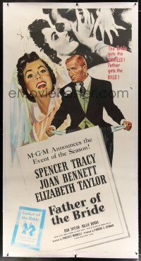 7b216 FATHER OF THE BRIDE linen 3sh '50 art of Liz Taylor in wedding gown & broke Spencer Tracy!