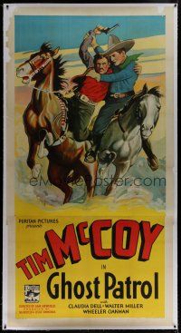 7b222 GHOST PATROL linen 3sh '36 cool artwork of cowboy Tim McCoy wrestling bad guy from his horse!
