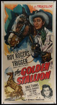 7b224 GOLDEN STALLION linen 3sh '49 great artwork of Roy Rogers, Trigger & Dale Evans!