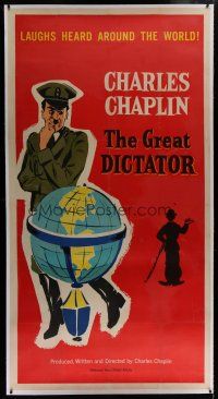 7b226 GREAT DICTATOR linen 3sh R58 art of Charlie Chaplin by globe, wacky World War II comedy!