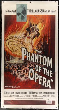 7b248 PHANTOM OF THE OPERA linen 3sh '62 Hammer horror, Herbert Lom, cool art by Reynold Brown!