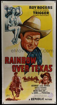 7b253 RAINBOW OVER TEXAS linen 3sh '46 art of Roy Rogers, sexy Dale Evans, Trigger & Gabby Hayes!