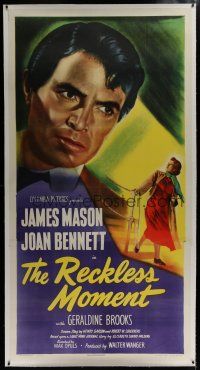 7b254 RECKLESS MOMENT linen 3sh '49 James Mason looming over Joan Bennett, directed by Max Ophuls!