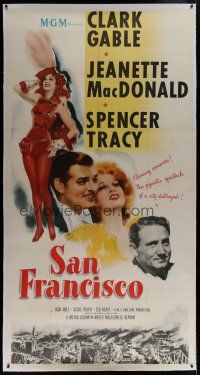 7b256 SAN FRANCISCO linen 3sh R48 art of Clark Gable & Jeanette MacDonald + Spencer Tracy!