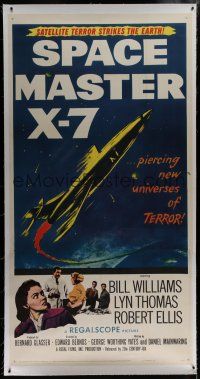 7b266 SPACE MASTER X-7 linen 3sh '58 satellite terror strikes the Earth, cool art of rocket ship!
