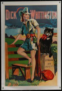 7b109 DICK WHITTINGTON linen stage play English 40x60 '30s cool artwork of sexy female lead & cat!