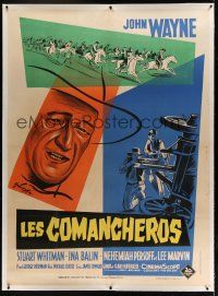 7b172 COMANCHEROS linen French 1p '61 different Grinsson art of cowboy John Wayne, Michael Curtiz!