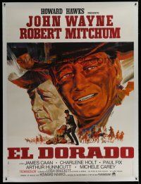 7b176 EL DORADO linen French 1p '66 best different art of John Wayne & Robert Mitchum by Landi!