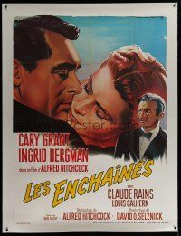 7b185 NOTORIOUS linen French 1p R70s Soubie art of Cary Grant & Ingrid Bergman, Hitchcock classic!