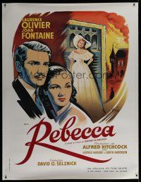 7b191 REBECCA linen French 1p R70s Hitchcock, Grinsson art of Laurence Olivier & Joan Fontaine!