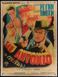 7b194 SAN ANTONIO linen French 1p '47 different Belinsky art of cowboy Errol Flynn & Alexis Smith!