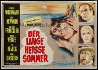 7b114 LONG, HOT SUMMER linen German 33x47 '58 different art of Paul Newman, Woodward & Orson Welles