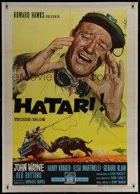 7b143 HATARI linen Italian 1p '62 Howard Hawks, cool Enzo Nistri art of John Wayne in Africa!