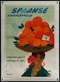 7b107 SPAANSE SINAASAPPELEN linen 32x46 Belgian advertising poster '50s Spanish Oranges, Brun art!