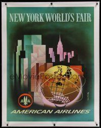 7b104 AMERICAN AIRLINES NEW YORK WORLD'S FAIR linen travel poster 1964 art by Henry K. Benscathy!